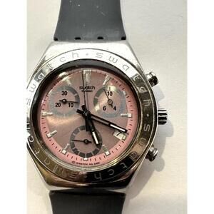Ladies Swatch Irony Chronograph Pink Dial Grey Band Watch